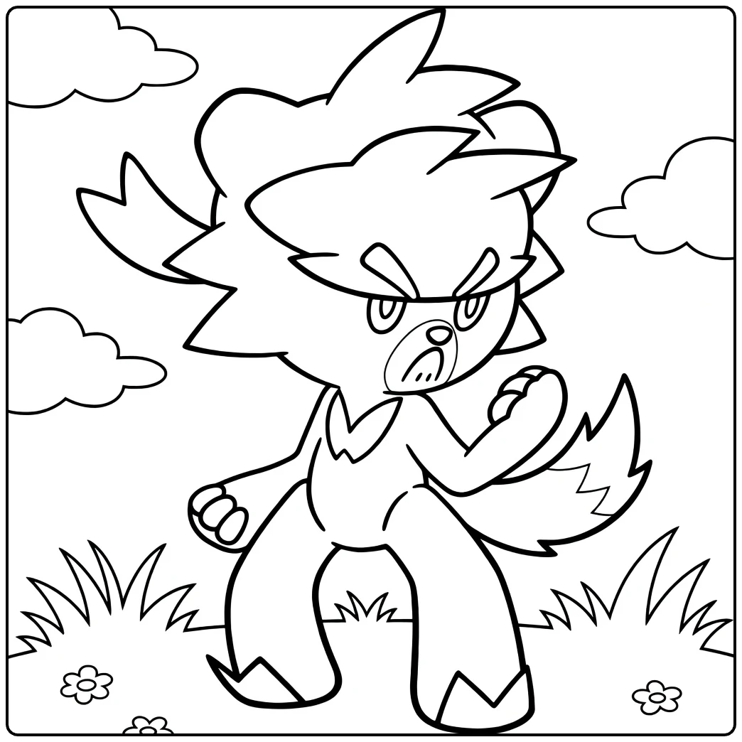 Kubfu Tough Pokemon on Grass with Flowers coloring page