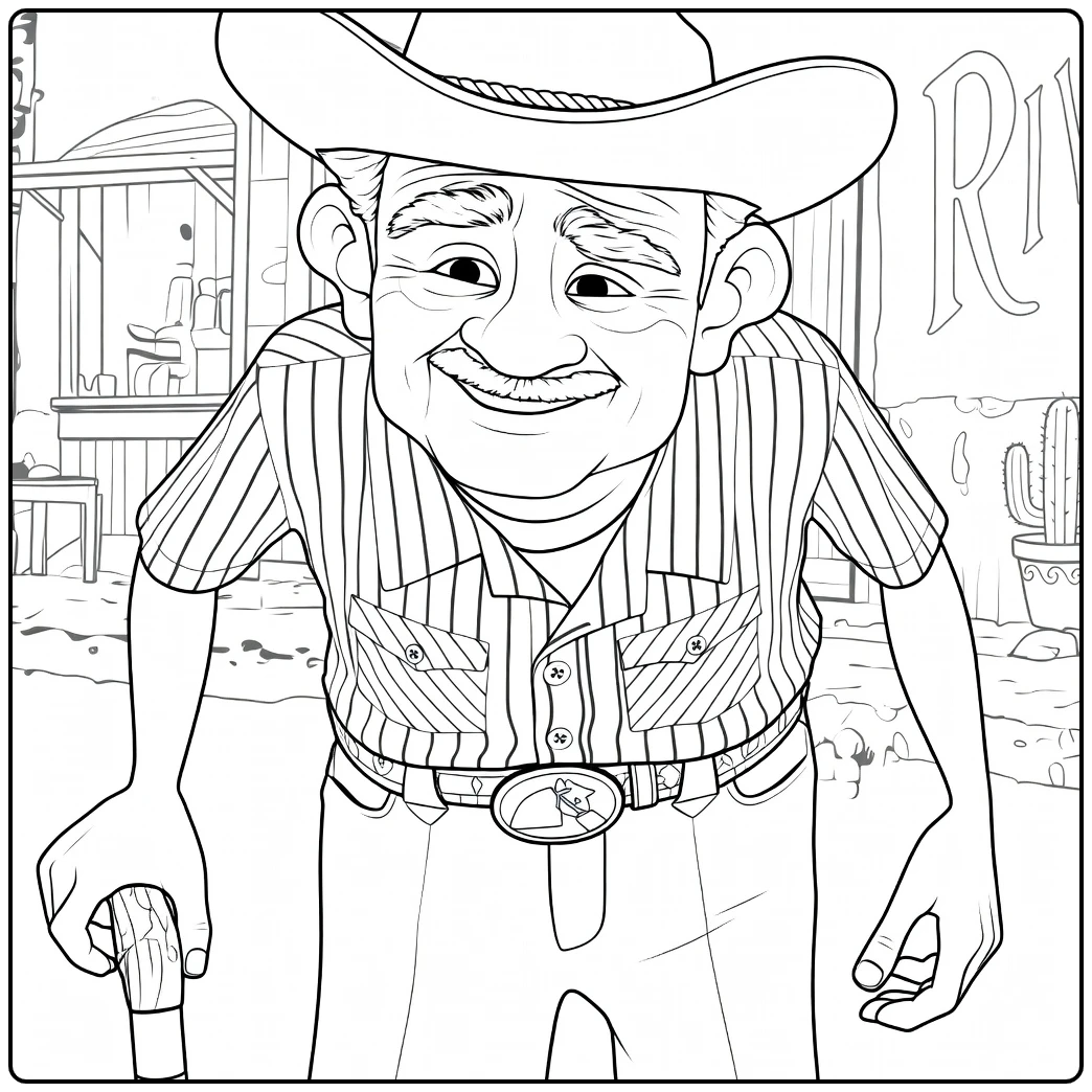 smiling cowboy coloring page in western setting
