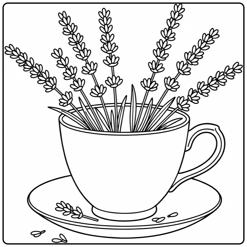 Lavender coloring page featuring a vintage teacup with stems