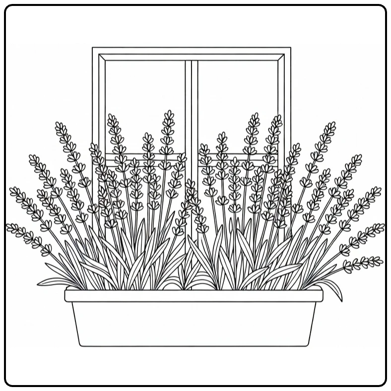 Lavender coloring page showing a window box full of lavender plants