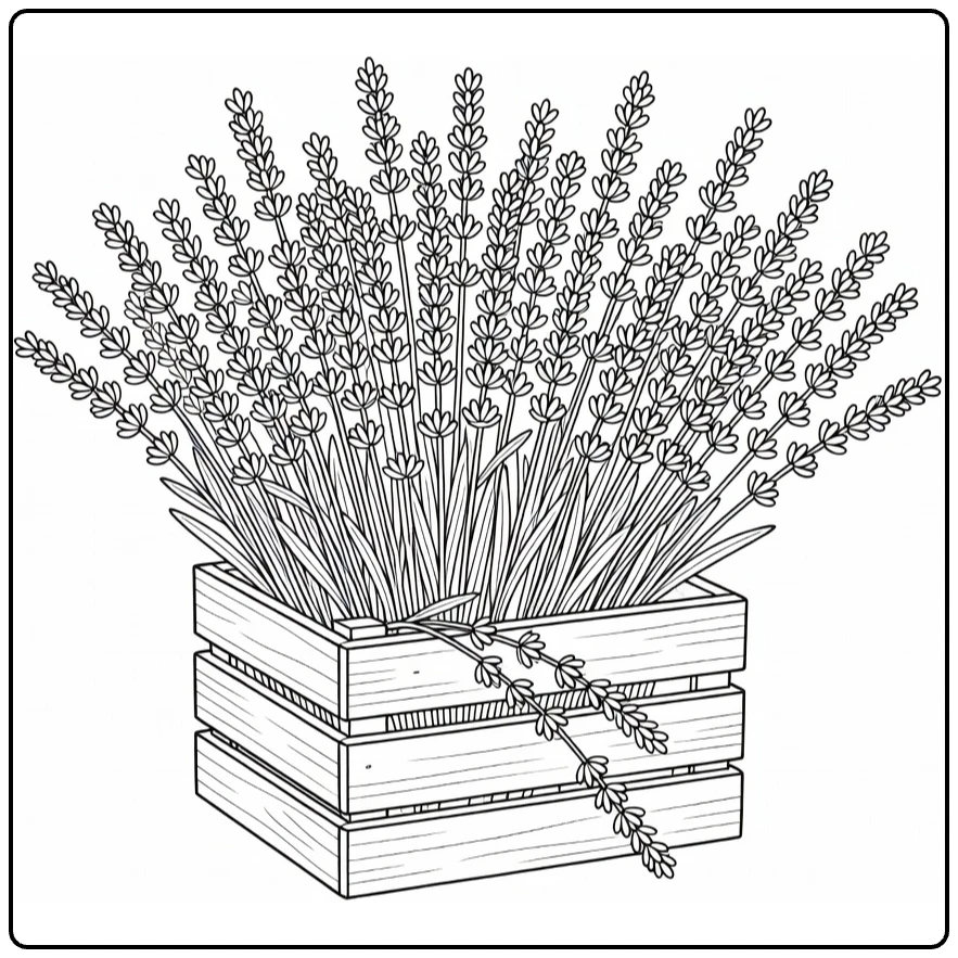 Lavender coloring page featuring a wooden crate full of lavender