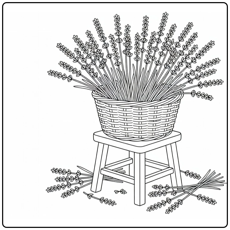 Lavender coloring page featuring a basket of lavender on a wooden stool