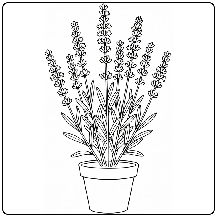 Lavender coloring page showing a single plant in a clay pot