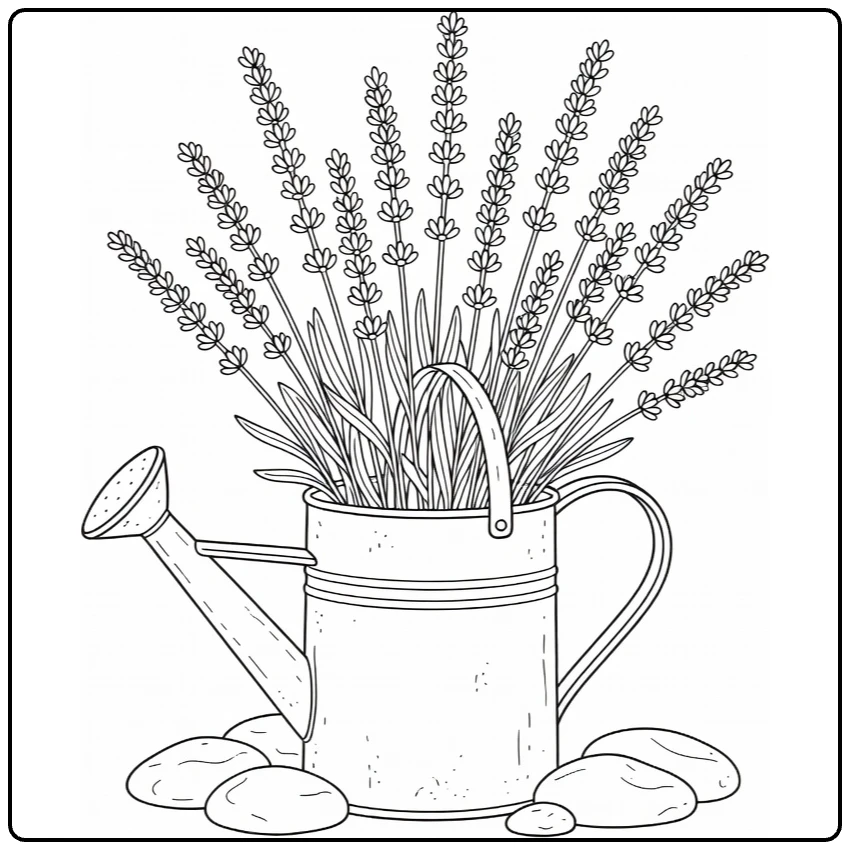 Lavender coloring page showing a watering can filled with lavender