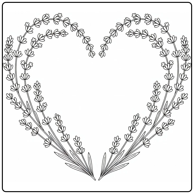 Lavender coloring page showing a heart made from lavender sprigs