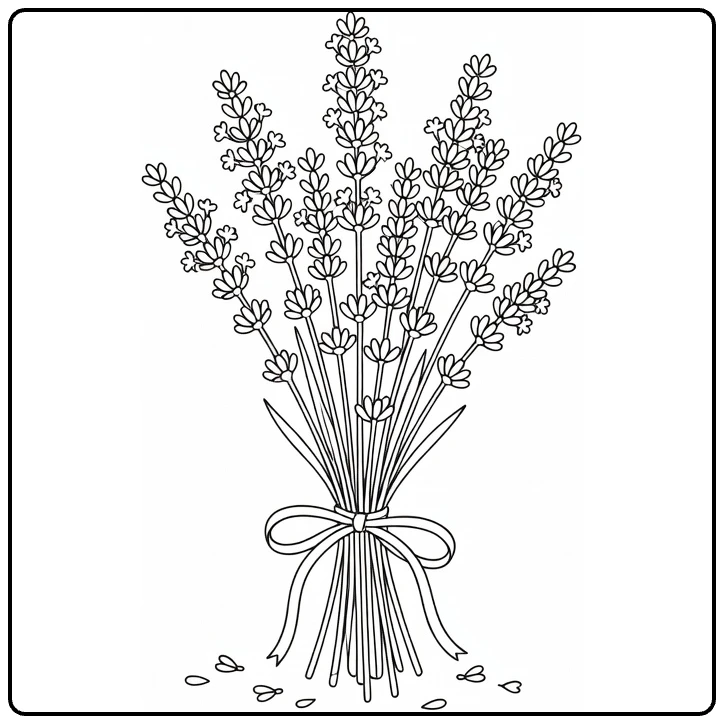 Lavender coloring page showing a small bouquet tied with ribbon