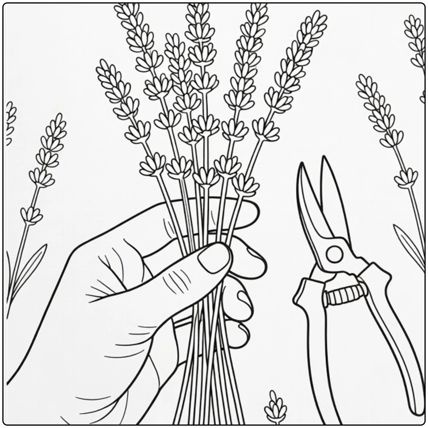 Lavender coloring page featuring a hand holding a lavender bunch