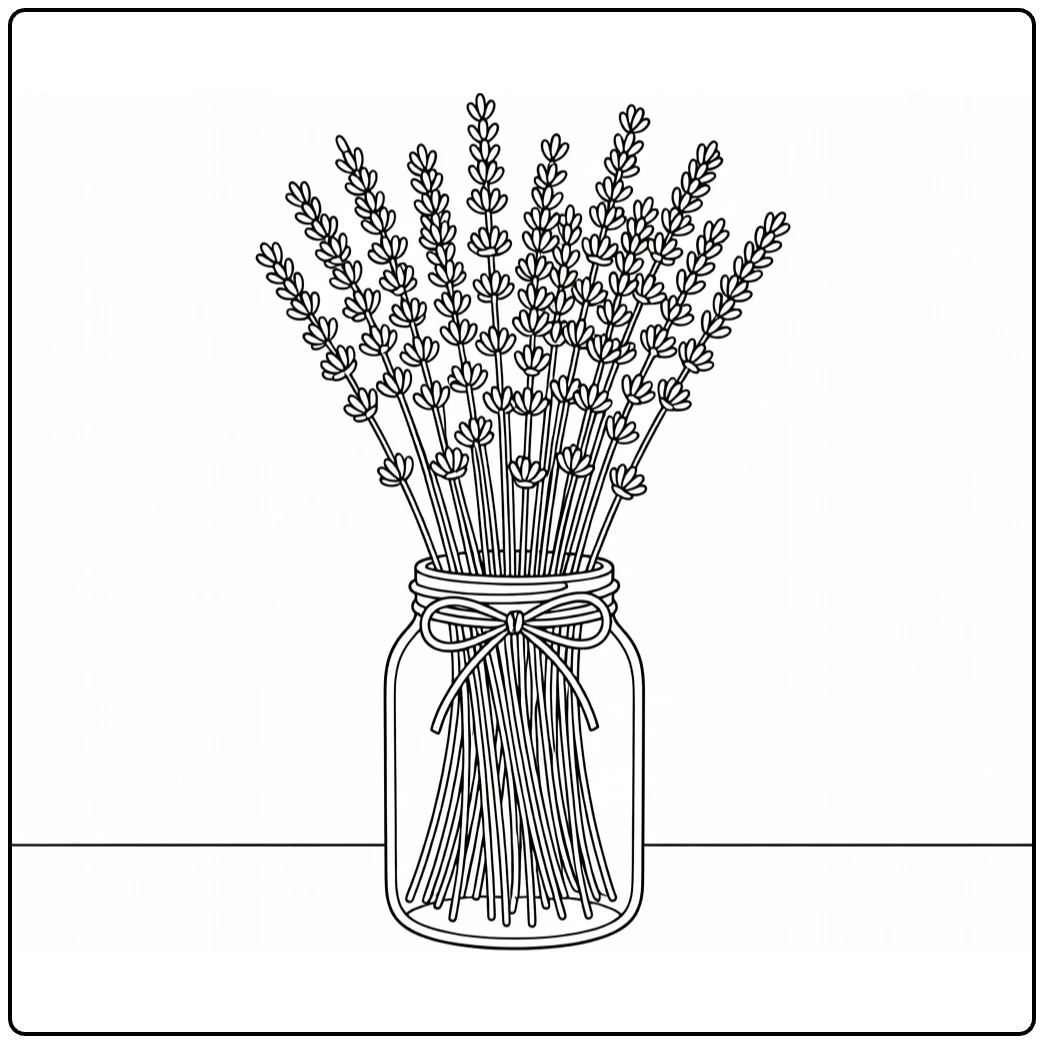 Lavender coloring page showing a glass jar of lavender stems