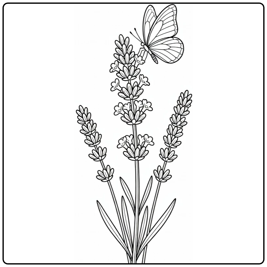 Lavender coloring page featuring a butterfly on blooming lavender