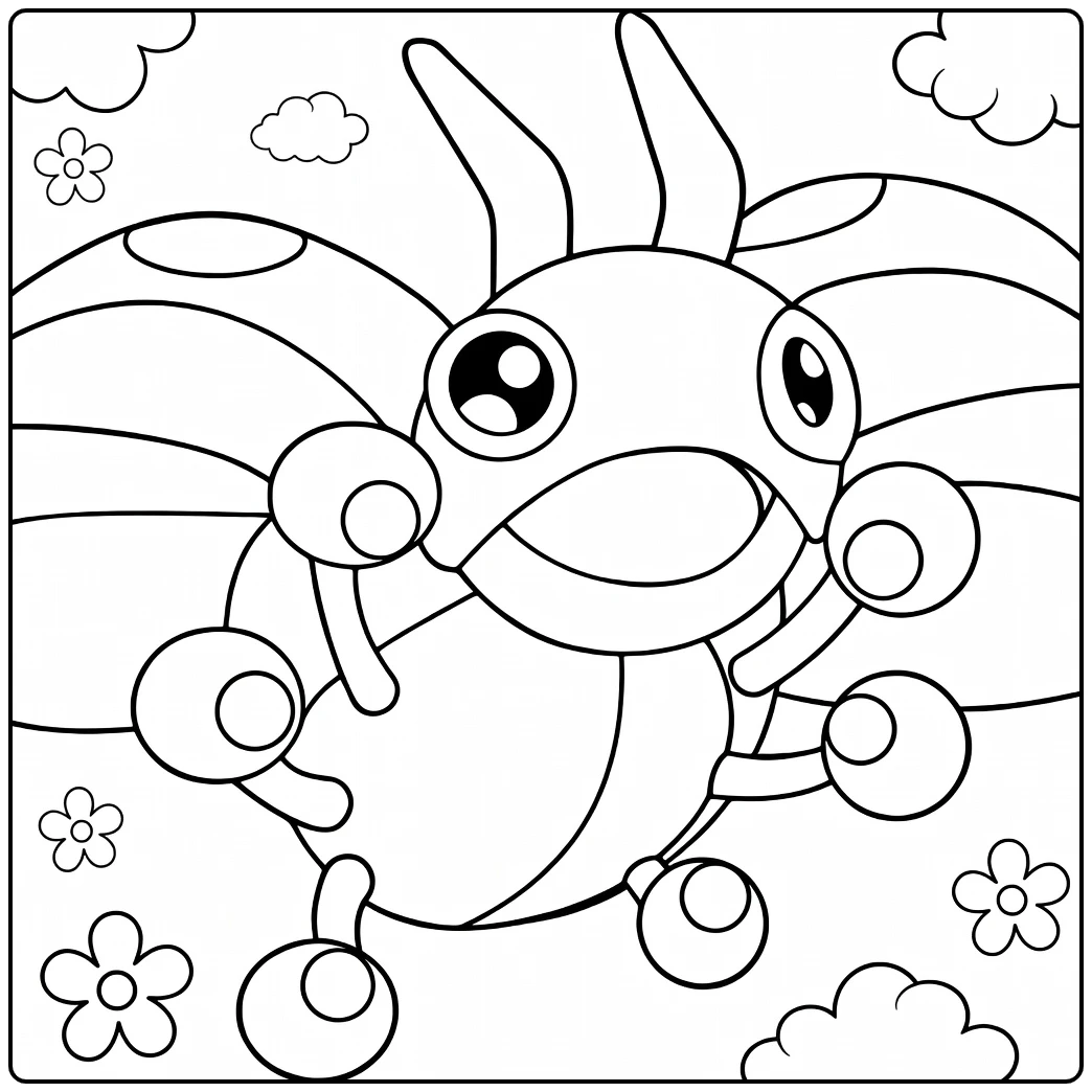 Ledyba Flying with Clouds and Flowers coloring page