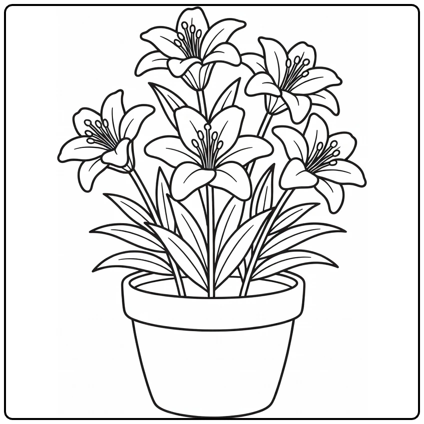 Lily coloring page featuring a pot filled with blooming flowers