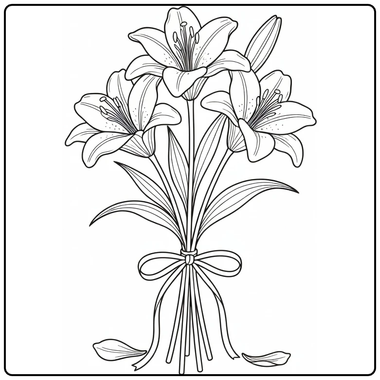 Lily coloring page featuring three flowers in a ribbon-tied bouquet