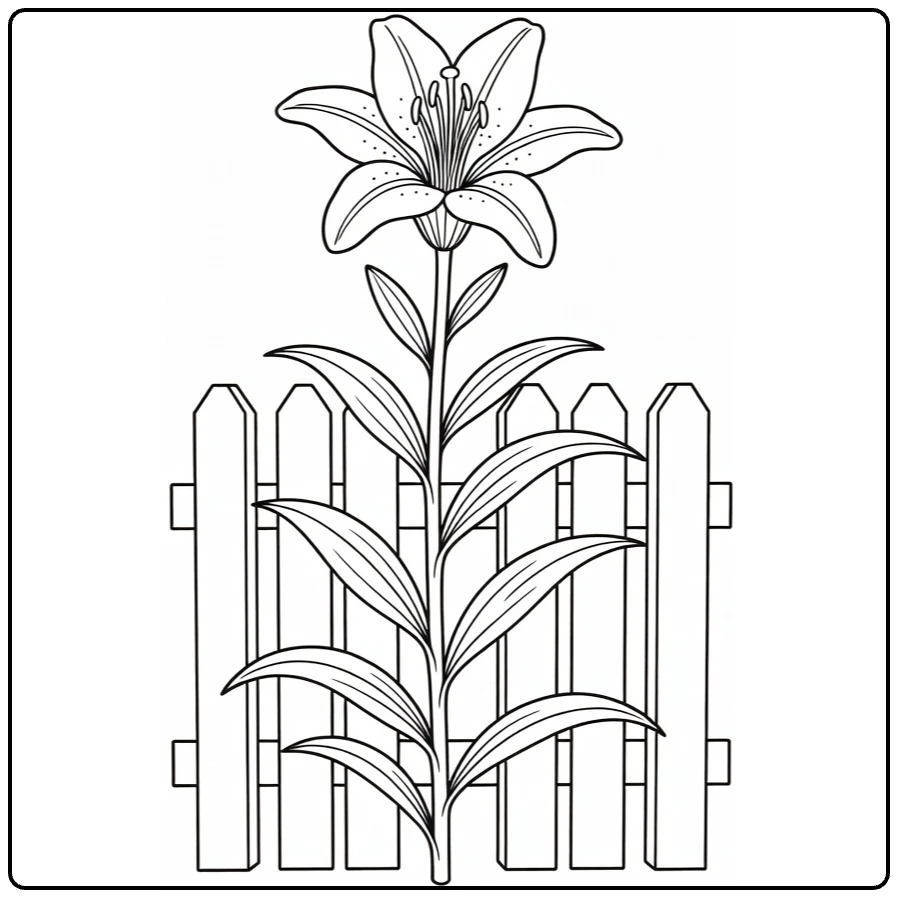 Lily coloring page showing a bloom beside a wooden fence