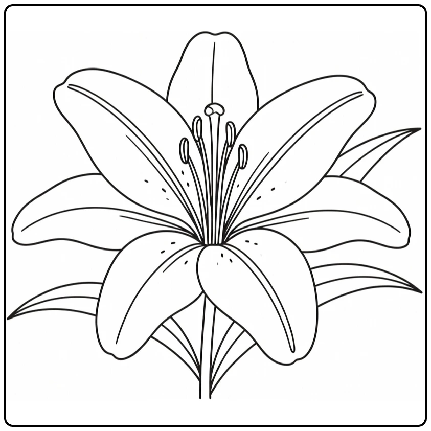 Close-up lily coloring page with petals and detailed stamens