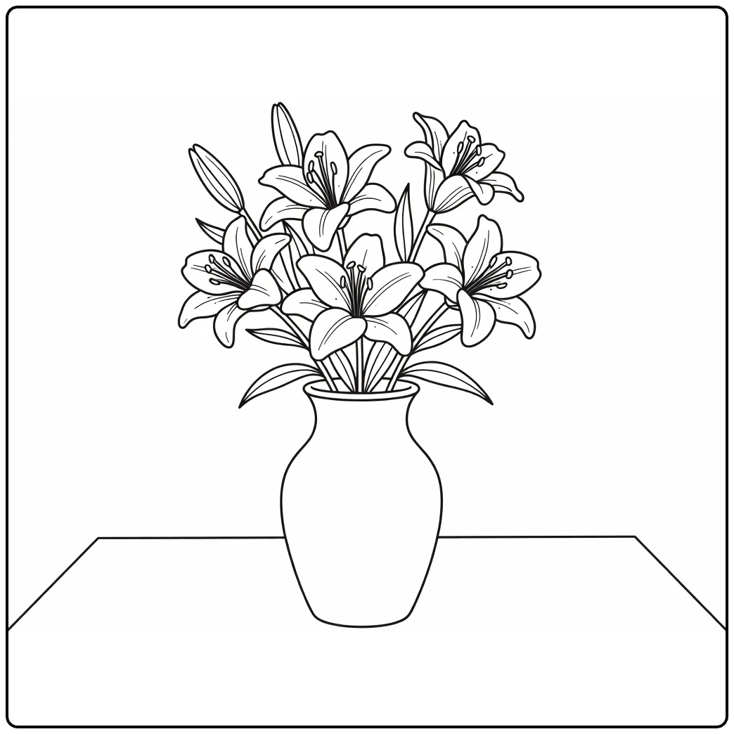 Lily coloring page featuring flowers arranged in a vase