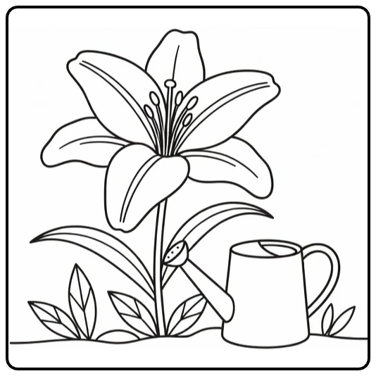 Lily coloring page featuring a flower next to a watering can