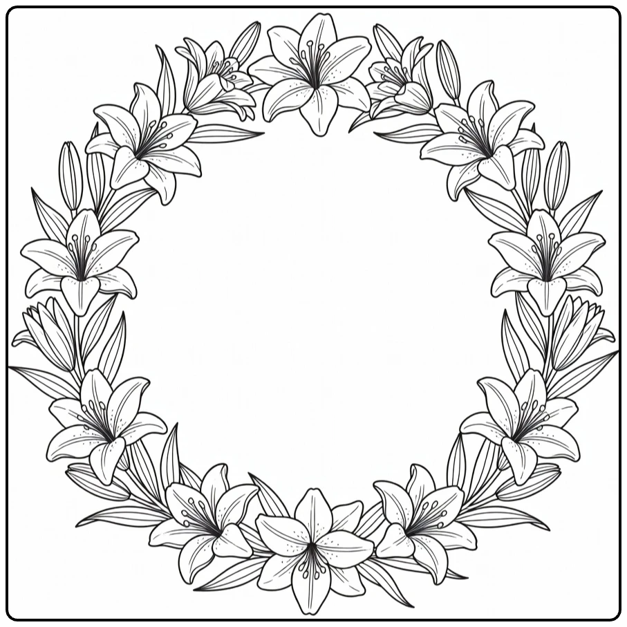 Lily coloring page featuring a wreath of flowers and buds