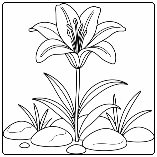 Lily coloring page showing one elegant flower among garden stones