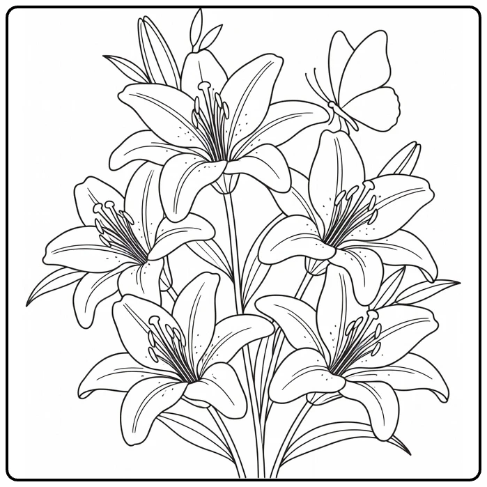 Lily coloring page featuring several blooms and a butterfly