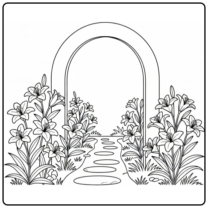 Lily coloring page showing flowers beside a curved garden path