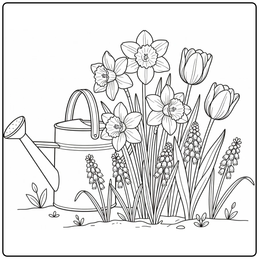 Spring flower coloring page with a watering can, tulips, and daffodils