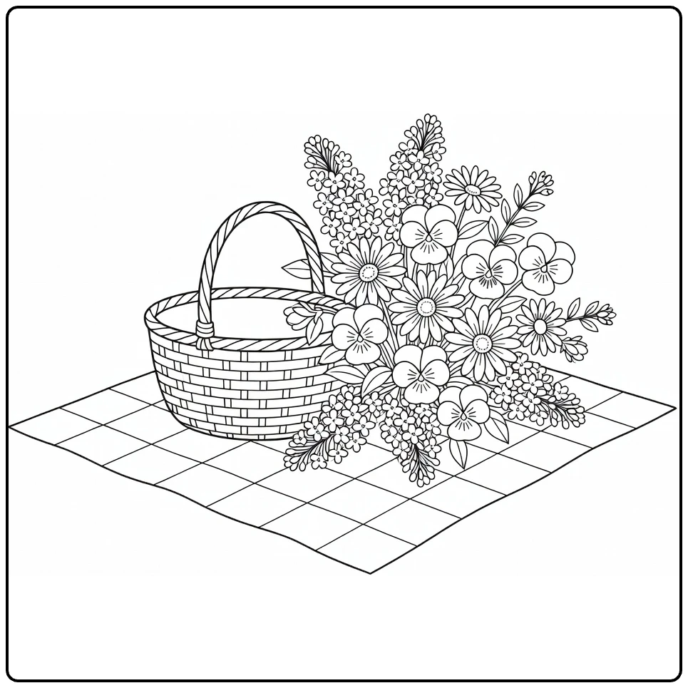Spring flower coloring page featuring a bouquet and basket on a blanket