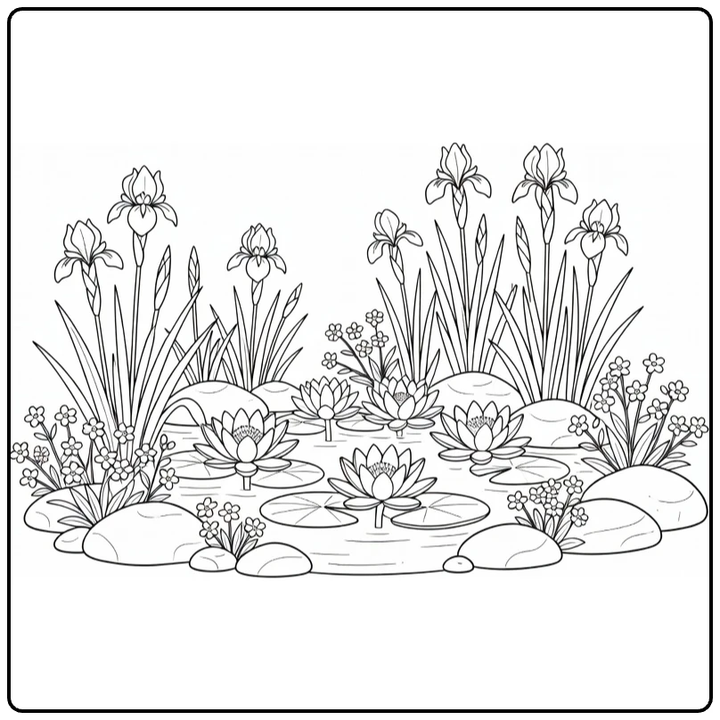 Spring flower coloring page featuring irises and water lilies by a pond