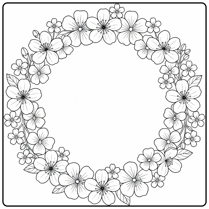 Spring flower coloring page featuring a round blossom and violet wreath