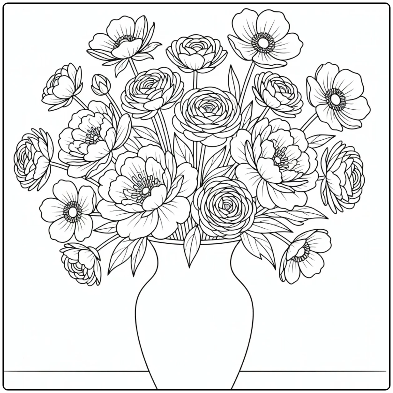 Spring flower coloring page showing a vintage vase filled with blooms