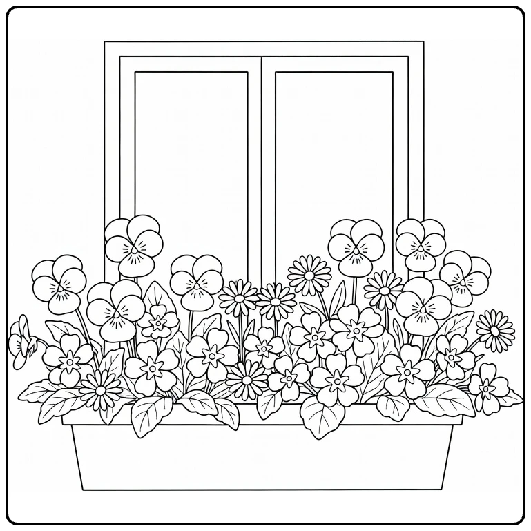Spring flower coloring page showing a windowsill filled with blooming flowers