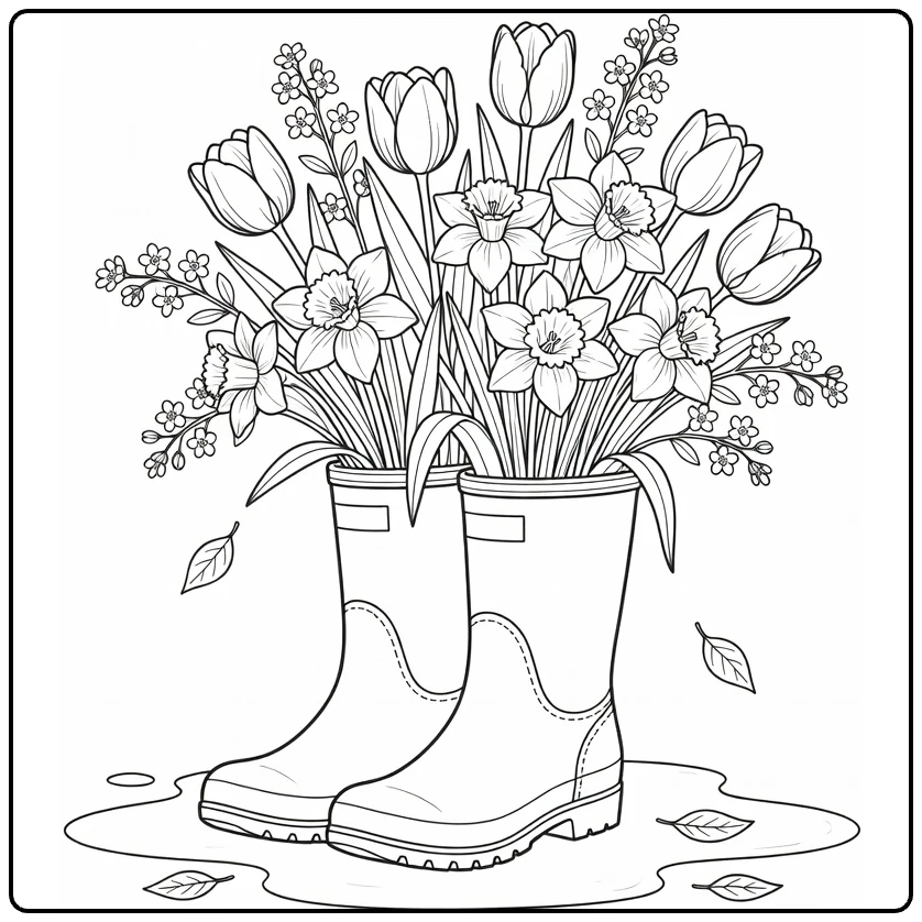 Spring flower coloring page showing rain boots filled with tulips