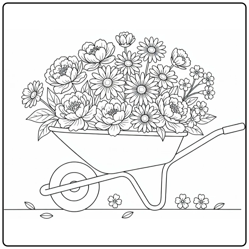 Spring flower coloring page showing a wheelbarrow full of flowers
