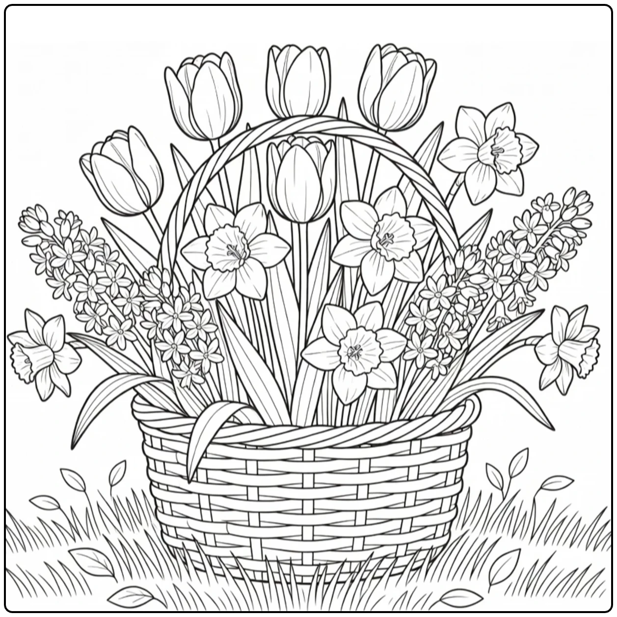 Spring flower coloring page showing a basket of tulips and daffodils