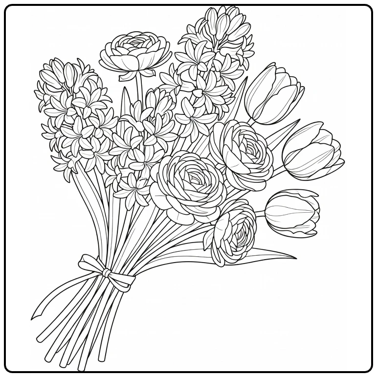 Spring flower coloring page featuring a ribbon-tied mixed bouquet