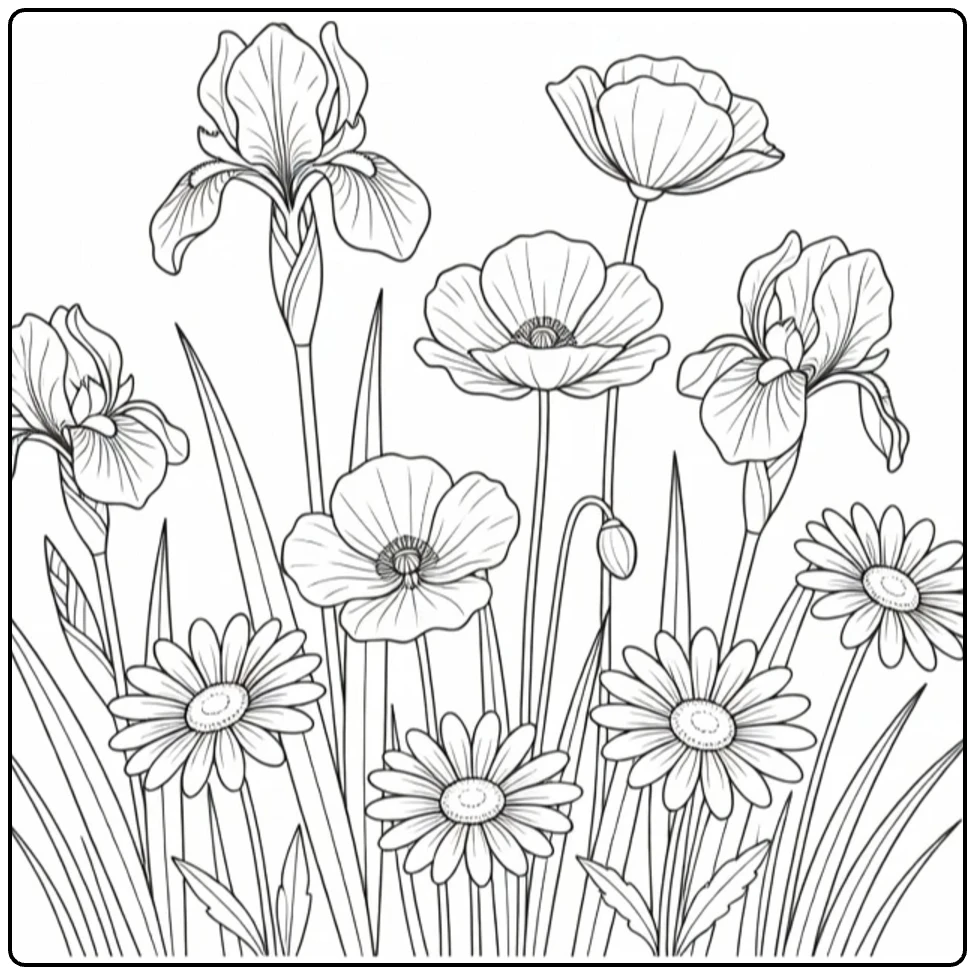 Spring flower coloring page featuring irises, poppies, and daisies