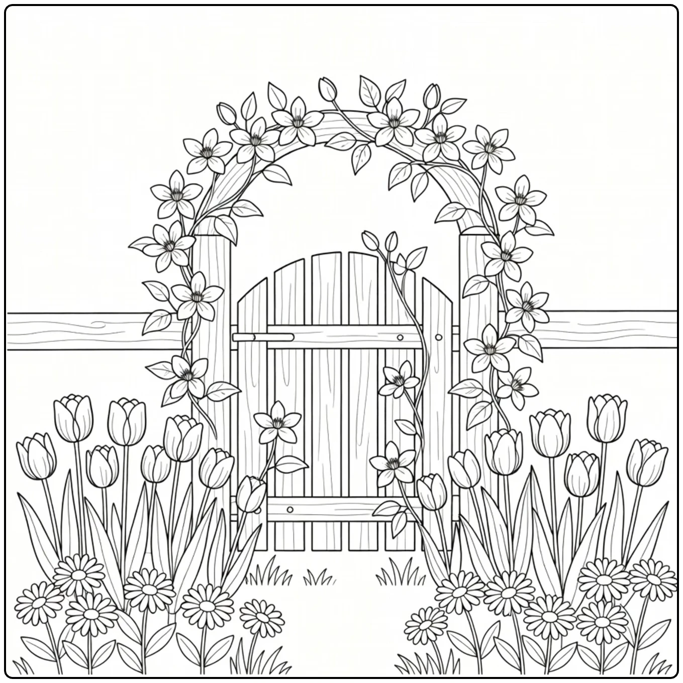 Spring flower coloring page featuring a garden gate surrounded by flowers