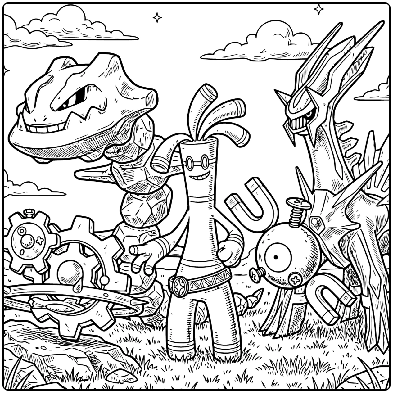steel Pokemon coloring page with a strong metallic character