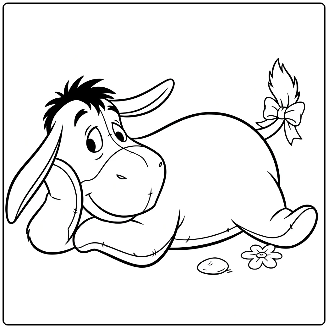 Eeyore coloring page with a lying donkey, bow, and egg