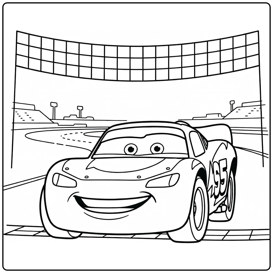 Lightning McQueen coloring page crossing the finish line with a checkered flag