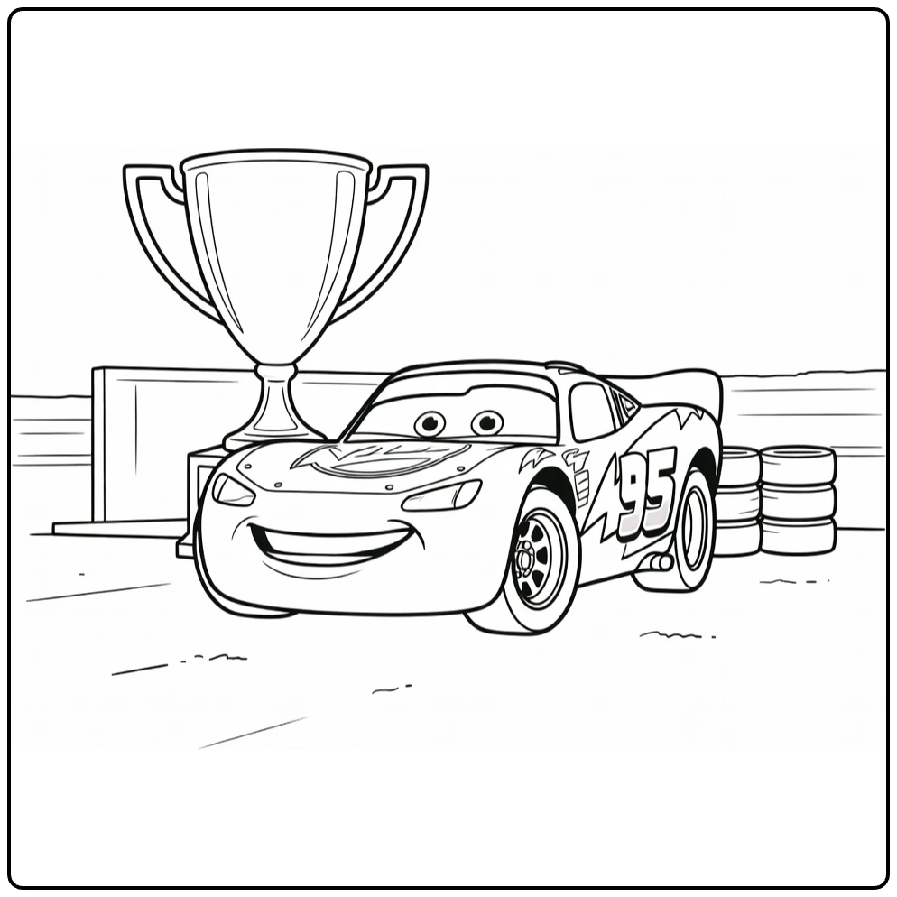 Lightning McQueen coloring page with a winner cup and spare tires
