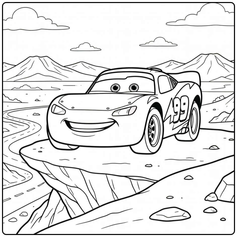 Lightning McQueen coloring page on a desert road near a canyon