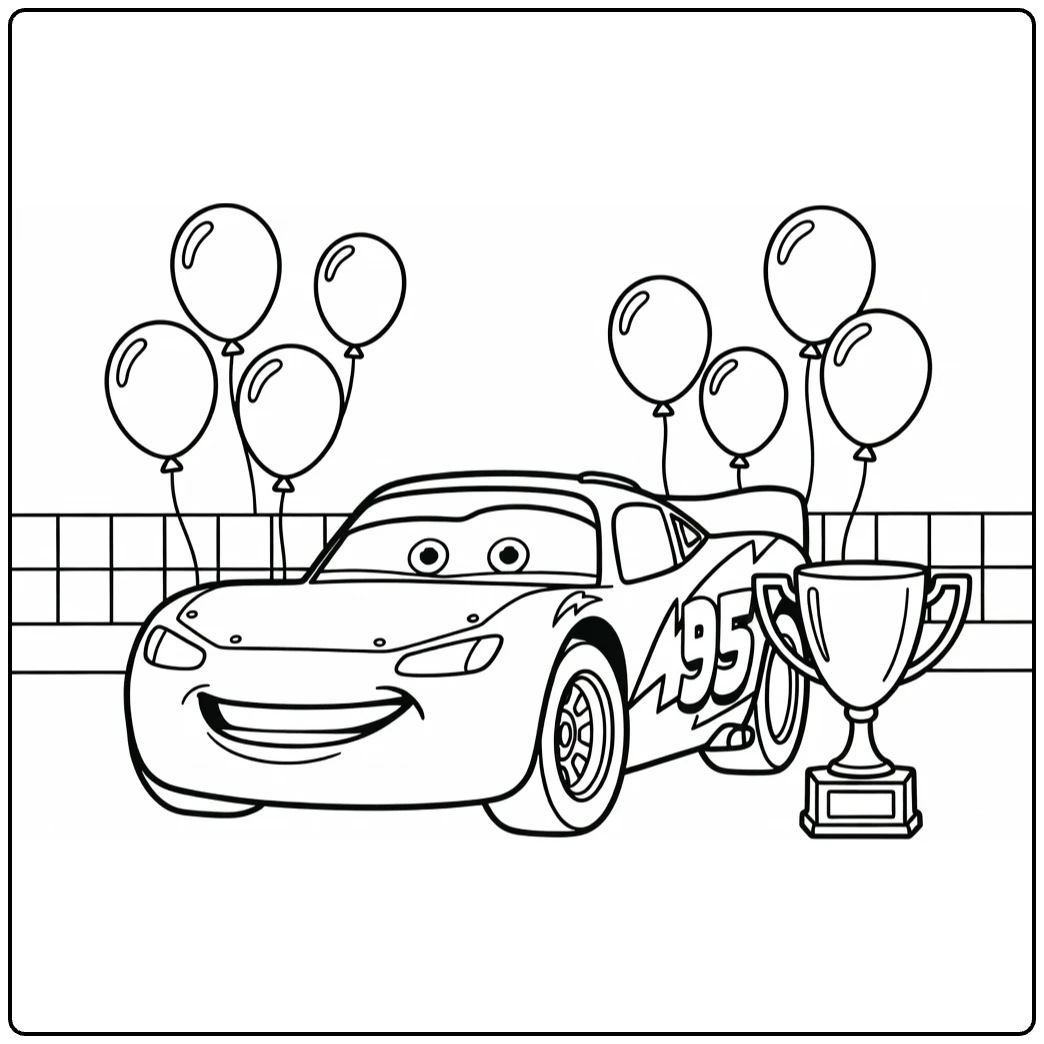 Lightning McQueen coloring page celebrating with a trophy and balloons