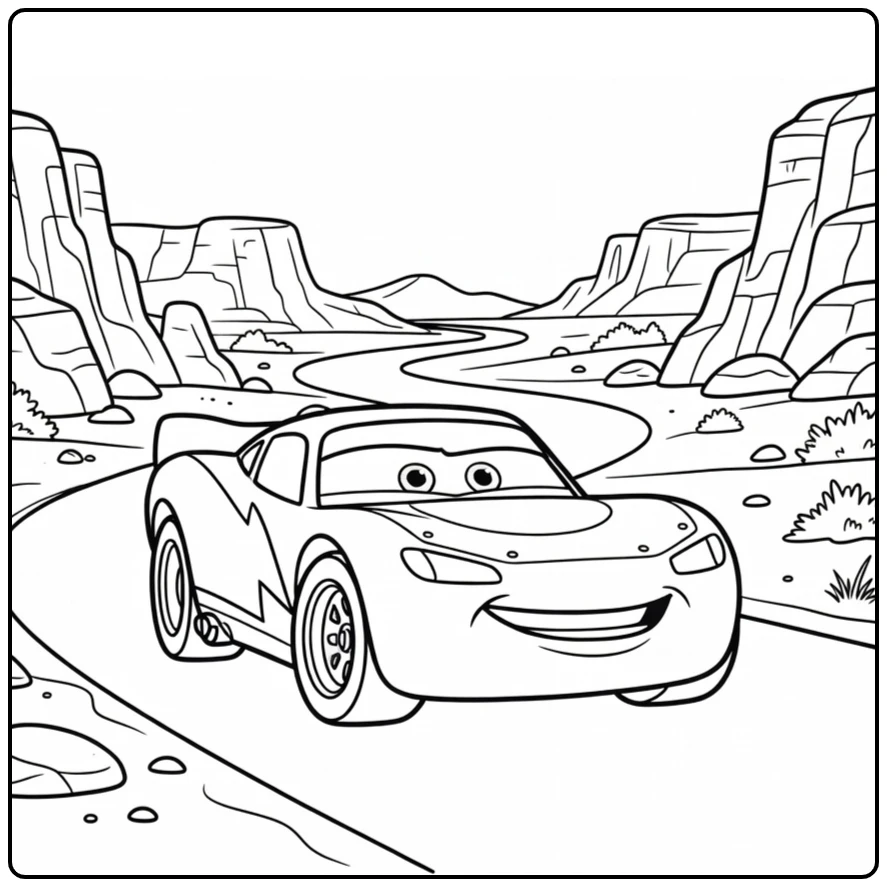 Lightning McQueen coloring page driving through canyons with rocks