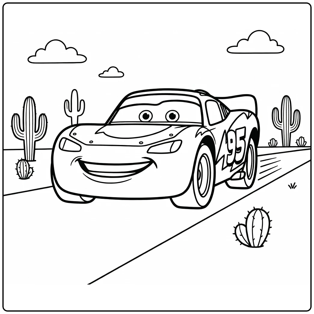 Lightning McQueen coloring page in Radiator Springs with cactuses