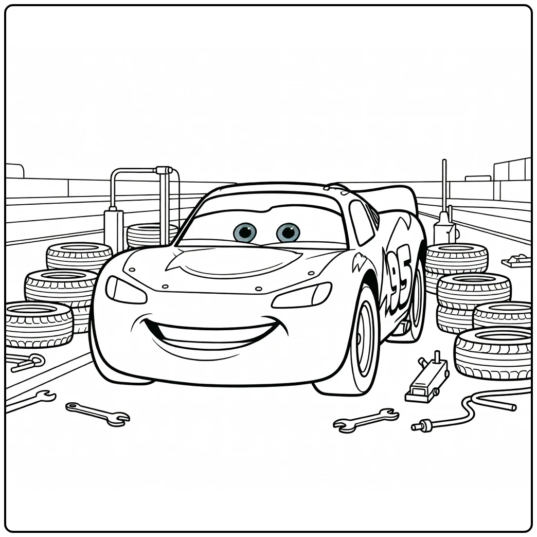 Lightning McQueen coloring page at a pit stop with tire stacks