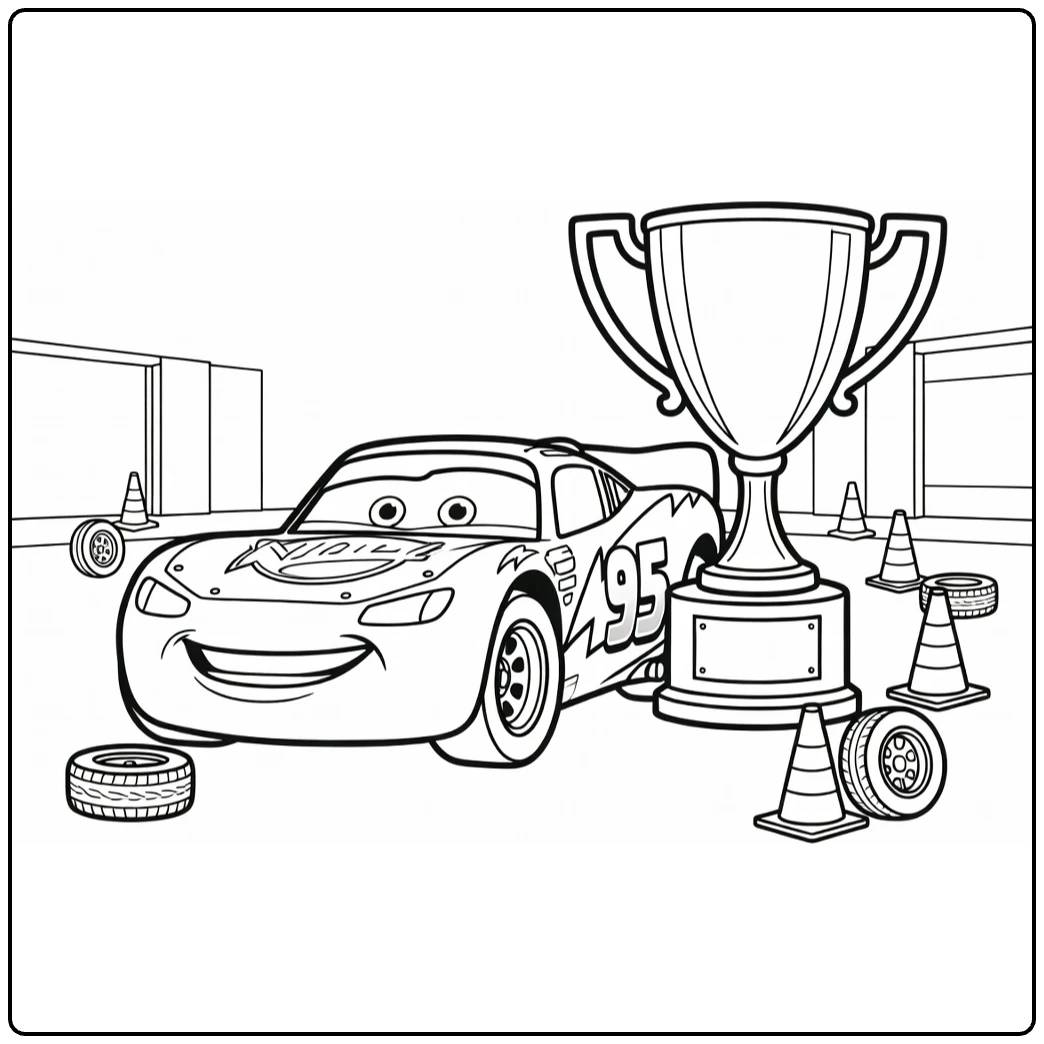 Lightning McQueen winner pose coloring page with a trophy