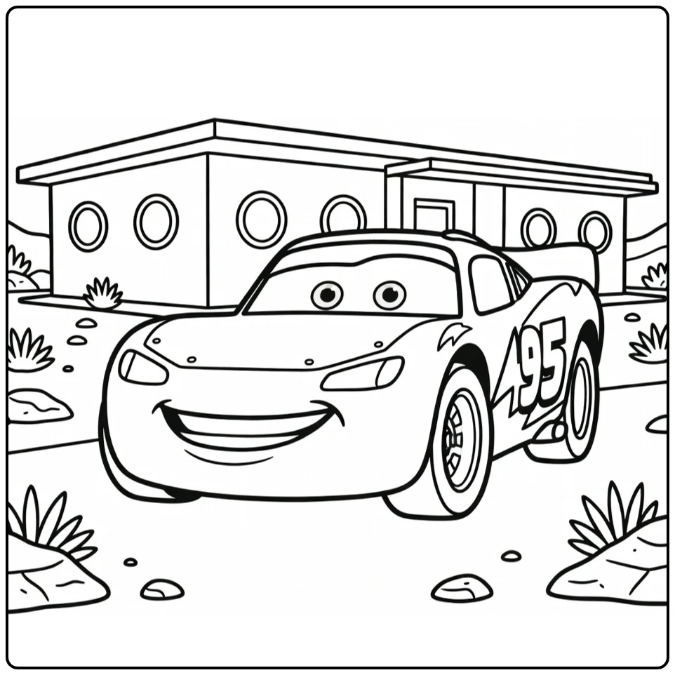 Lightning McQueen coloring page by a desert motel with rocks