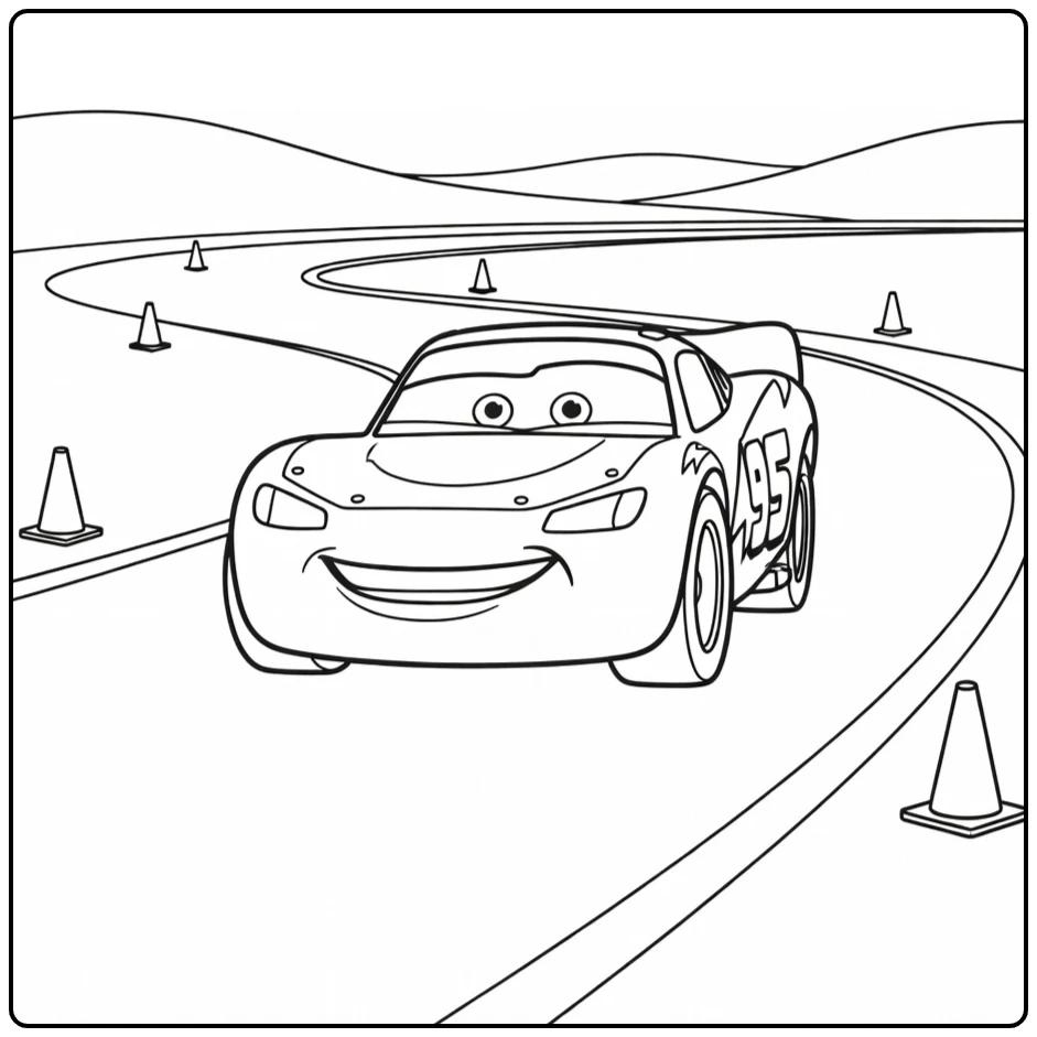 Lightning McQueen coloring page practicing on a race track with cones