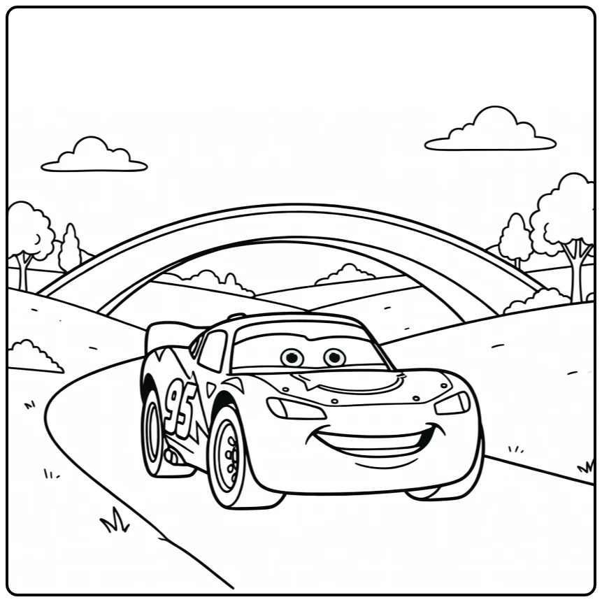 Lightning McQueen coloring page driving under a bridge on a country road