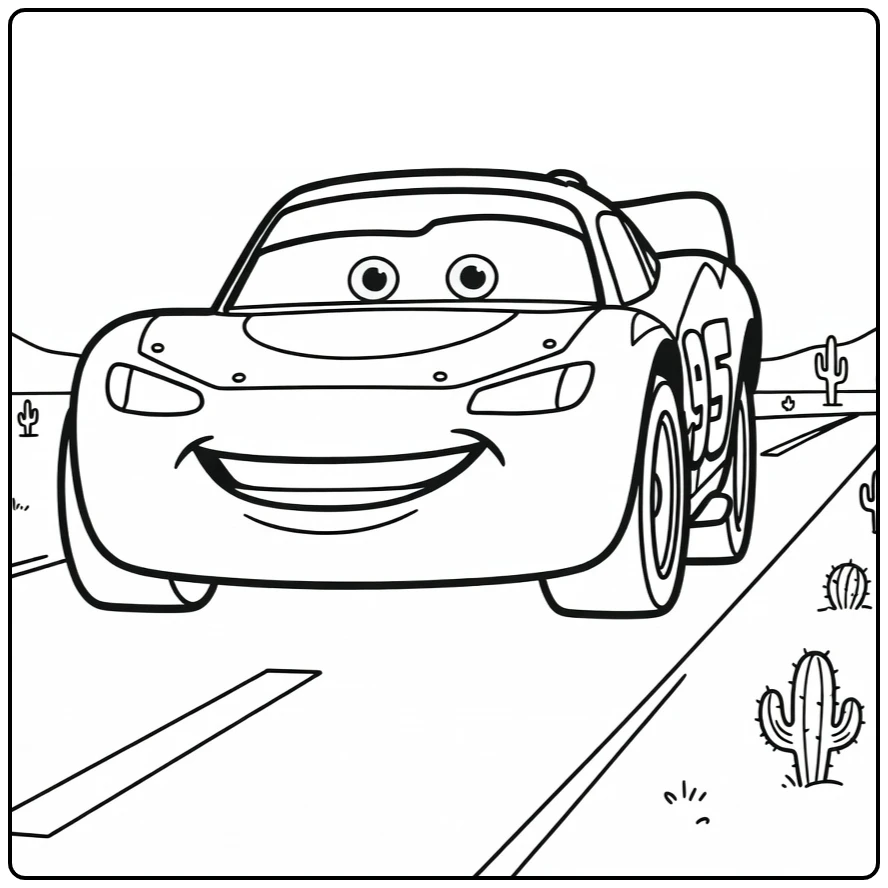 lightning McQueen Racend Door Desert with Cactuses coloring page
